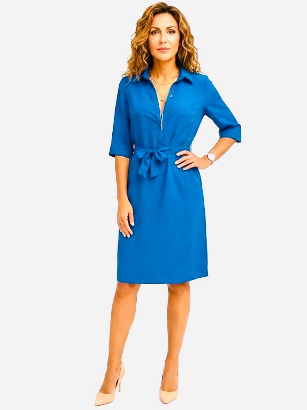 Zip-Front Turquoise Midi Shirt Dress with Tie Waist
